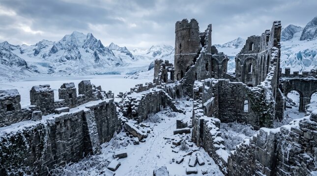 Ruined stone castle covered in snow in frozen mountain landscape