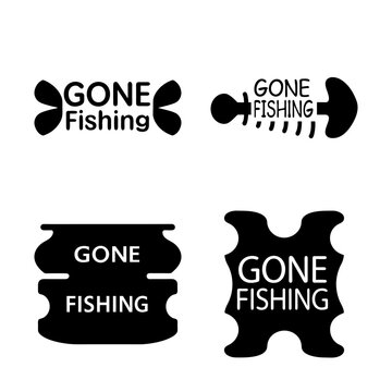 Black and white graphic designs stating gone fishing with different abstract shapes