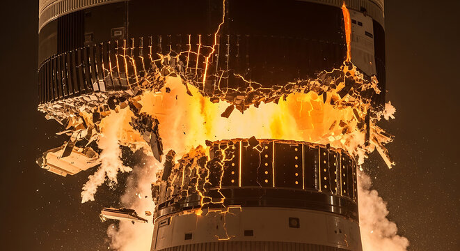 rocket explosion reveals catastrophic failure of an industrial structure breaking apart with intense flames depicting a powerful destructive event