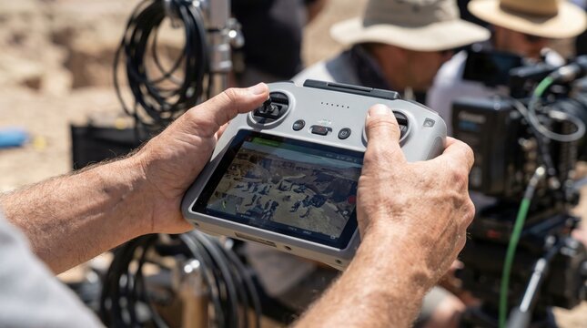 Videographer hands operating a modern drone remote controller with a built in display screen on a film set