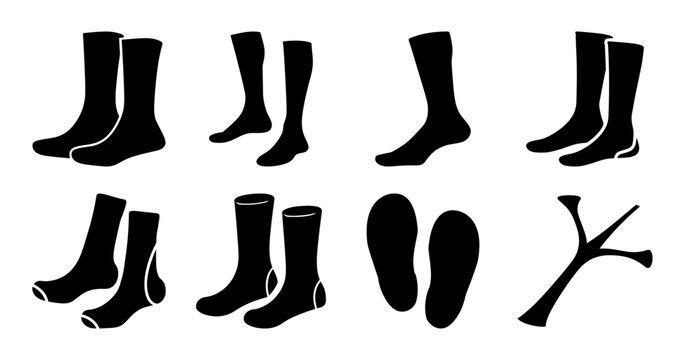 Black and white image shows multiple pairs of socks and shoe insoles