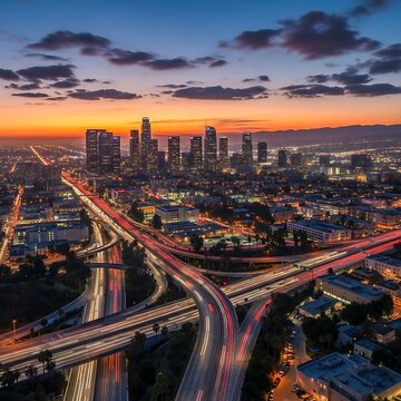 City skyline at dusk with glowing lights and intricate highway interchanges