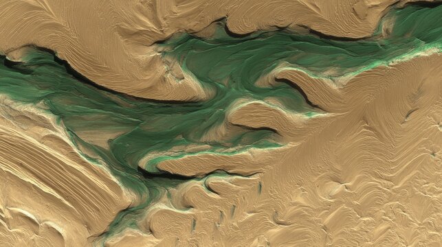 sinuous. A stunning aerial view from space of a massive, sinuous sand dune resembling a slug, dramatically cutting through a textured floodplain landscape. travel magazines.
