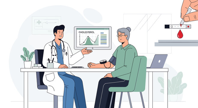 Doctor checks elderly patient's blood pressure and cholesterol levels in clinic