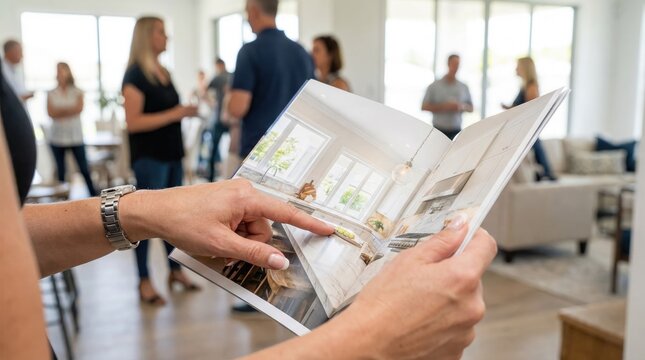 Woman hands holding a printed real estate catalog and pointing at a modern kitchen photo during an open house