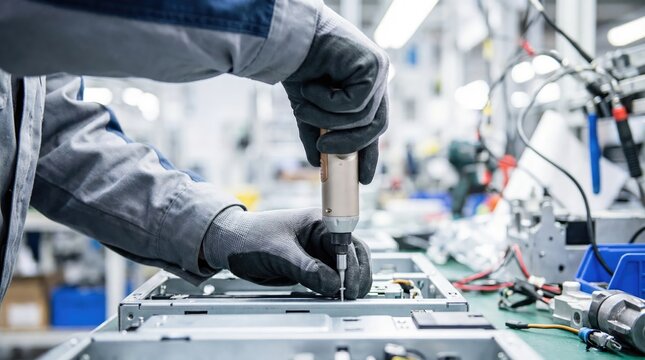 Technician hands wearing grey protective gloves using an electric screwdriver to assemble a metal electronic device