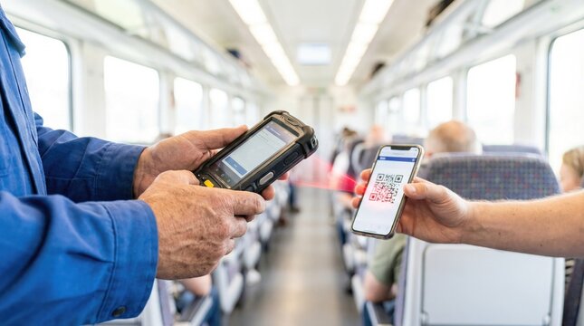 Train inspector hands using a digital scanner device to read a ticket QR code from a passenger smartphone screen