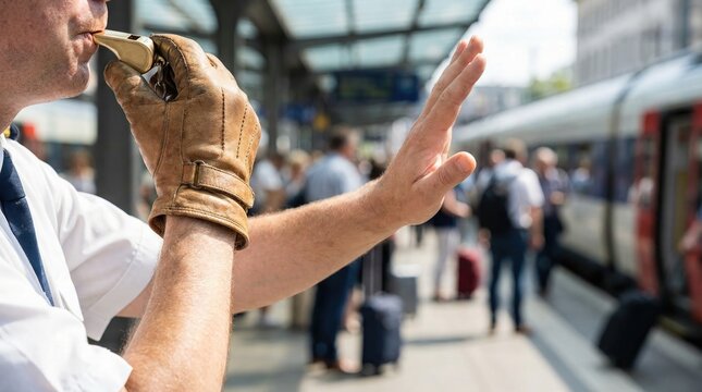 Train station master hands wearing a leather glove holding up a stop sign and blowing a golden whistle