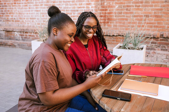 Two friends study and smile together.