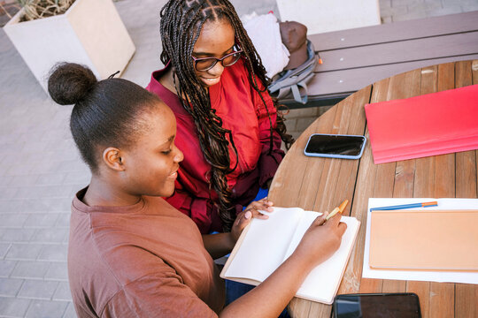 Two friends study and smile together.