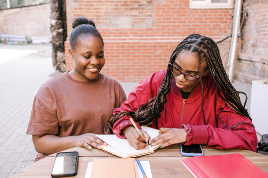 Two friends study and smile together.