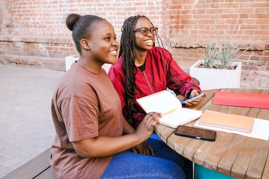 Friends study together outdoors.