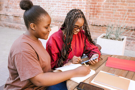 Two friends study and smile together.