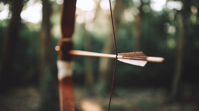 projectile. A taut bowstring at its limit, arrow nocked and aimed. product launch decks, UI/UX mockups, designed for product launches and innovation pitches, used by sales representatives.
