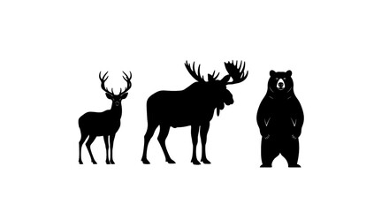 Naklejka premium Silhouettes of wild forest animals including a deer, moose, and bear on a white background