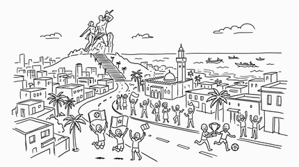 Fototapeta premium Black and White Illustration of a City Scene with People and Buildings.