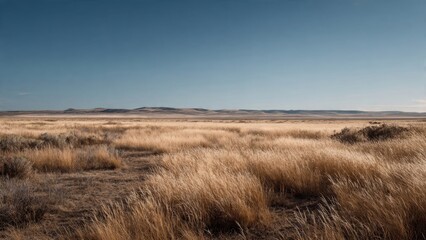 Fototapeta premium Vast Desert Grassland Under Clear Blue Sky