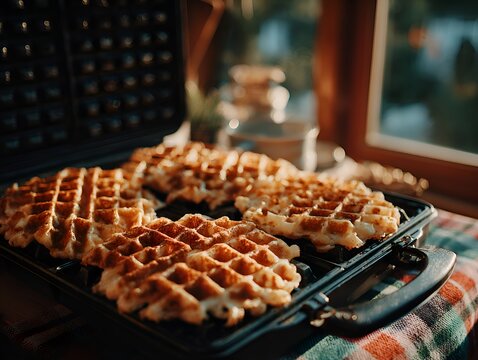 Freshly baked waffles are displayed on the waffle iron on a colorful checkered fabric with a blurred background du a sunny morning.