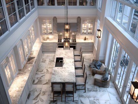 A spacious and luxurious kitchen with marble countertops is filled with natural light from the large and skylights above.