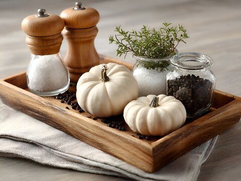 Two mini white pumpkins with salt pepper thyme and wooden shakers sit on a wooden tray with a linen cloth in a farmhouse style arrangement.