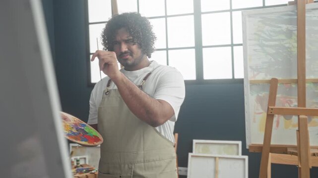 Man wearing apron holds palette and brush, points brush to canvas, mixing colors by the large window in studio; creative concentration.