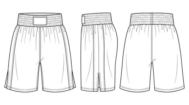 Boxing Shorts Athletic Technical Drawing, Professional Combat Sports Gear Multi-View Line Art Vector