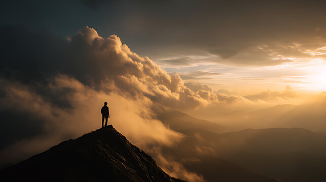 Silhouette of a person on a mountaintop, dramatic sky with clouds and golden light, epic style, high resolution