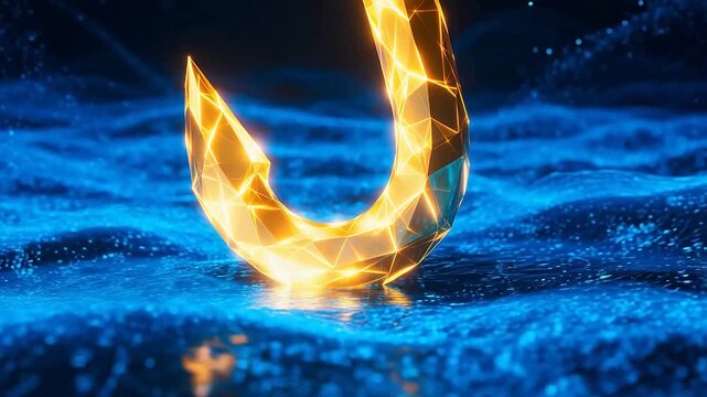 Golden abstract crescent on blue surface emphasizing precision, focus, and dedication