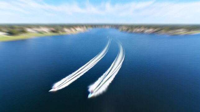 hydroplane. A water skier creating white wakes on a vast blue lake with a distant shoreline. event key visuals, club posters, designed for fitness apps and gym onboarding, supports training.
