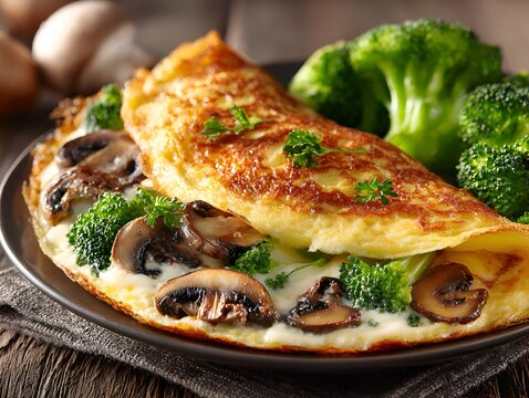 A delicious golden omelet filled with saut?ed mushrooms and vibrant green broccoli sits atop a rustic wooden table ready to be enjoyed.
