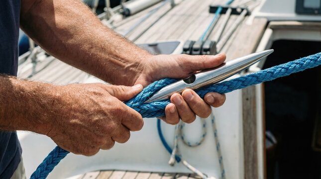 Sailor splicing a blue synthetic mooring rope using a metal fid on a boat deck