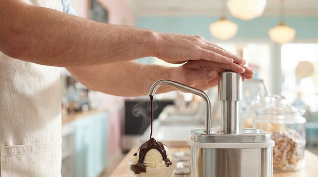 Worker dispensing hot chocolate fudge syrup from a pump over a bowl of vanilla ice cream