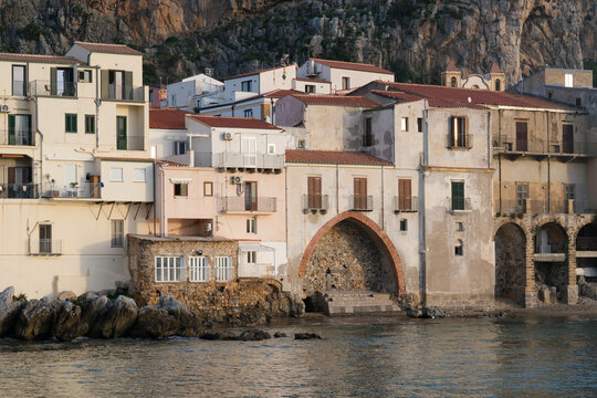 Historic Waterfront Buildings with Stone Arch
