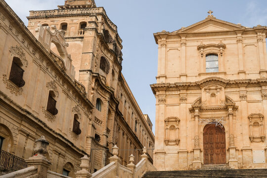 Baroque Church Facade and Adjacent Historic Buildings