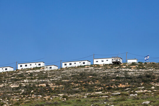 West Bank near Nablus - April 09 2026: A newly established Israeli settlement is seen on a hilltop near Nablus, reflecting ongoing expansion of settlements in the occupied territory.