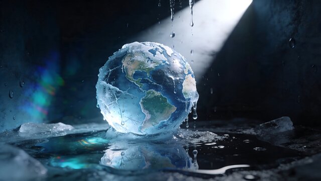 Melting ice globe representing global warming and climate change with water dripping into a pool on surface.