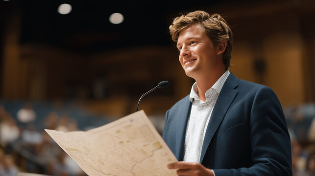 Homeowner presenting laminated comparable sales map to city council panel, microphone on podium, packed public hearing room, property tax appeal hearing, assessment challenge, civic process, real es