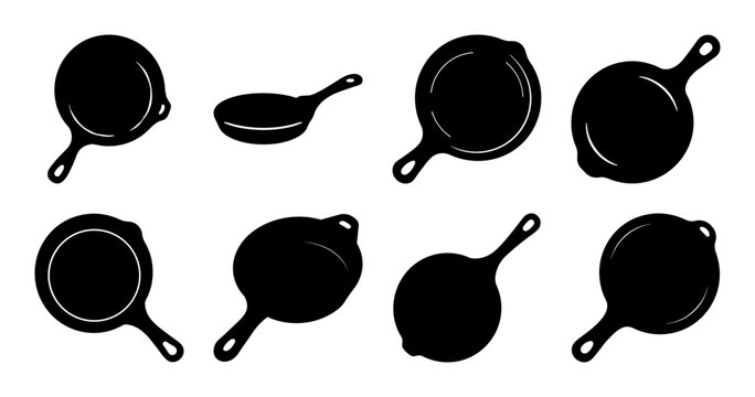 Black and white silhouette set of frying pans and skillets collection