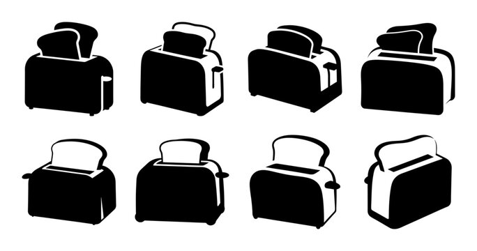 Black and white vector image featuring eight different stylized toasters