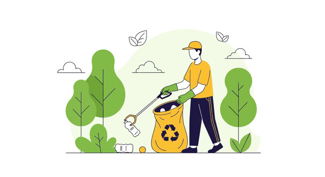 Man collecting trash in park with recycling bag, environmental cleanup concept