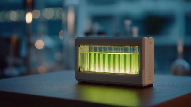 Microfluidic organ-on-chip device illuminated under ultraviolet light on a dark lab bench, intestinal epithelial tissue channels glowing, gut model drug absorption testing, pharmaceutical research i