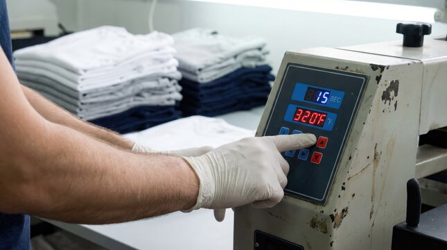 Worker wearing gloves setting the digital timer and temperature on a commercial t-shirt heat press machine
