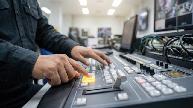 Broadcasting technician pressing a yellow lit button on a large video production switcher control panel