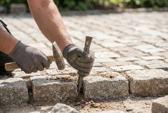 Construction worker wearing gloves using a hammer and metal chisel to split and fit granite cobblestones
