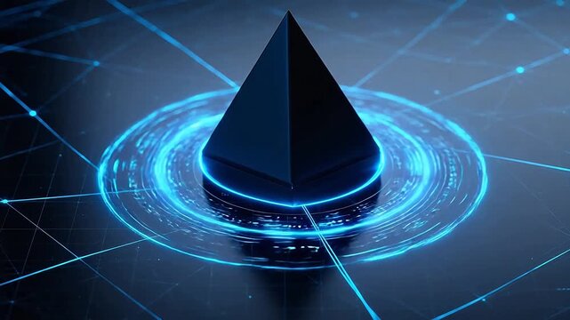 Abstract digital pyramid with glowing rings emphasizing urban lifestyle and city dynamics