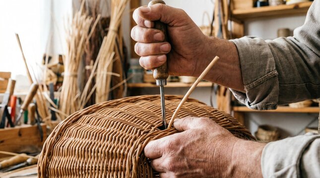 Craftsman using a sharp metal awl tool to open gaps while weaving a traditional wicker basket