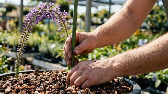 Gardener inserting a green bamboo stake into soil to support a tall purple flowering plant in a nursery pot