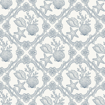 Blue and white sealife vector seamless pattern with corals, seashells and starfishes, surrounded with elegant frames