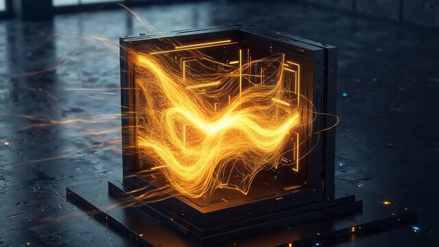 Futuristic cube with glowing energy patterns emphasizing teamwork and professional collaboration