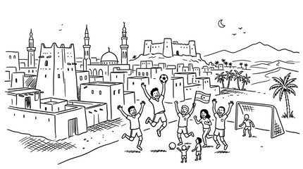 Obraz premium Joyful Children Celebrate Soccer Victory in Traditional Town.